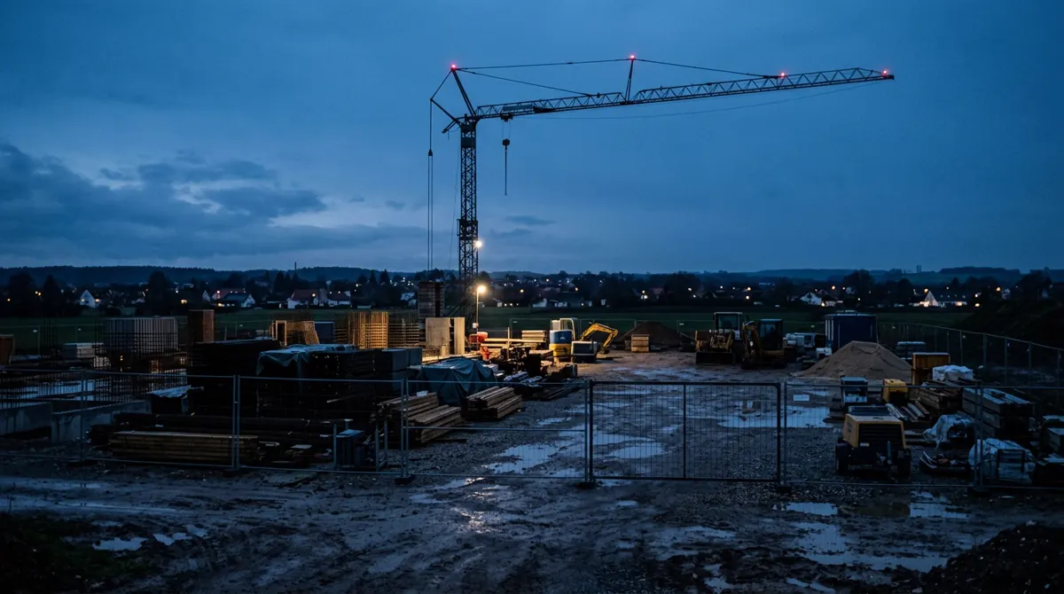 Baustelle in der Abenddämmerung mit Kran