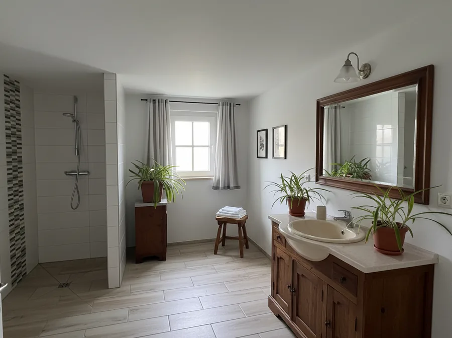 Badezimmer mit bodengleicher Dusche, Waschtisch und Spiegel