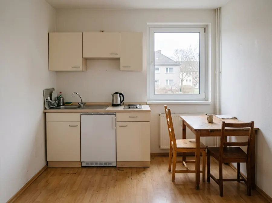 Küchenzeile einer Ferienwohnung mit Esstisch
