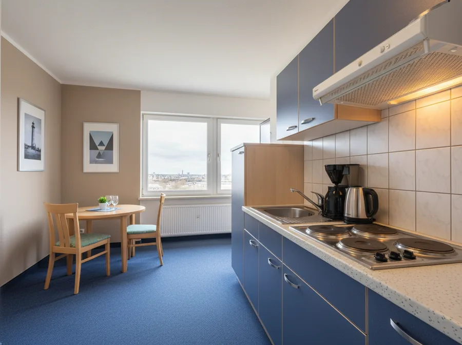 Küchenzeile einer Ferienwohnung mit Esstisch am Fenster