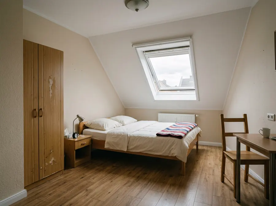 Zimmer mit Doppelbett unter einer Dachschräge