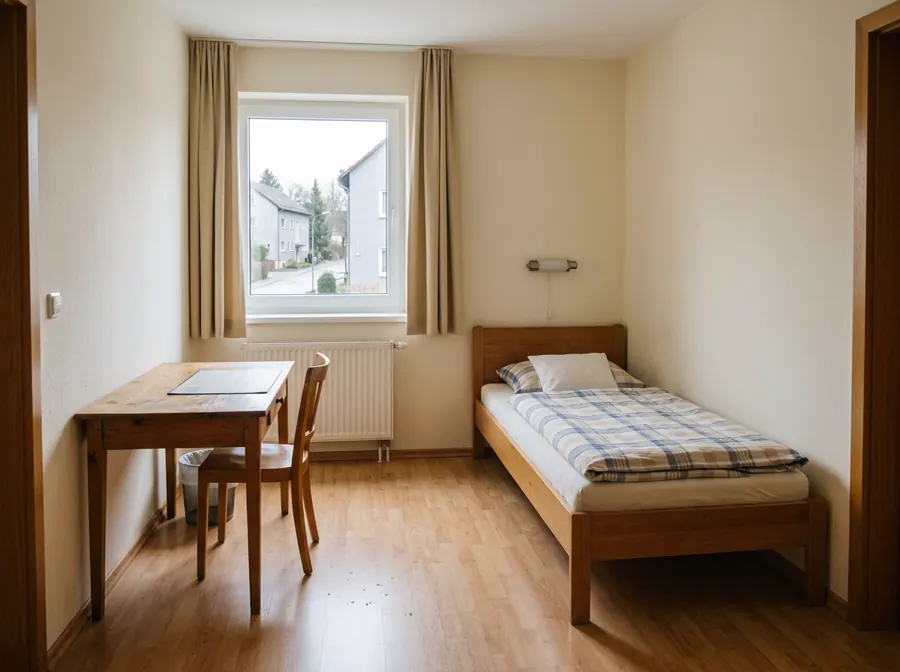 Einzelzimmer mit Bett und Schreibtisch