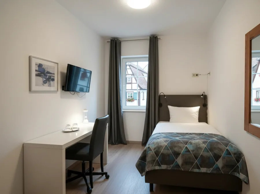 Einzelzimmer mit Bett, Schreibtisch und Spiegel