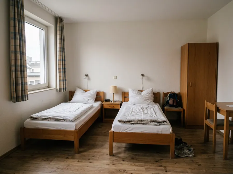 Zimmer einer Pension mit zwei Einzelbetten