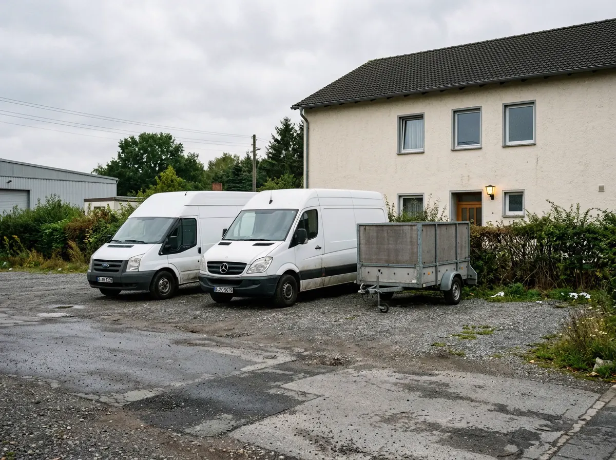 Zwei Transporter und ein Anhänger auf einem Stellplatz neben einem Gästehaus